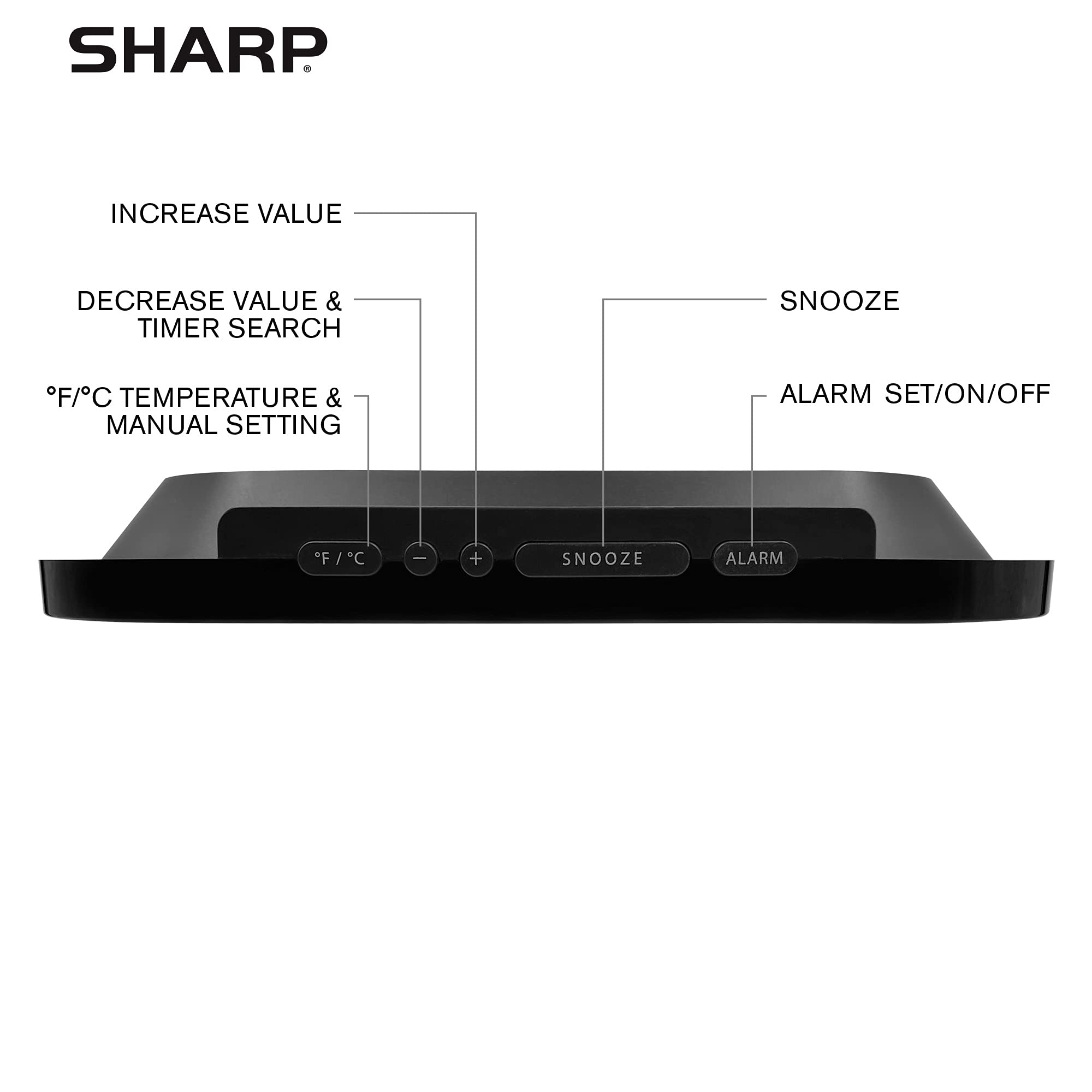 Sharp Digitale Wanduhr, Selbsteinstellende Atomuhr mit Temperatur, Luftfeuchtigkeit und Datum, Batteriebetriebene Digitaluhr Großes Display, Schwarz mit gebürsteten Silberakzenten
