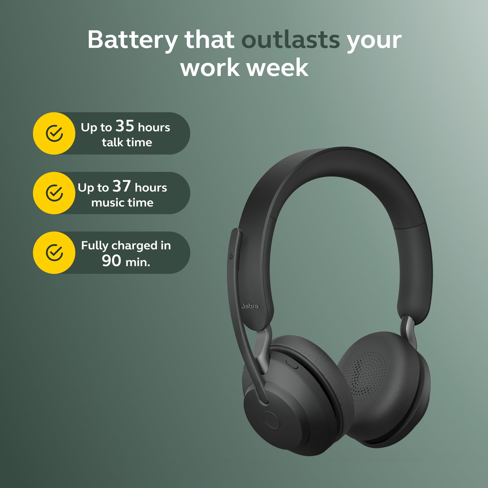 Jabra Evolve2 65 Bluetooth Wireless Headset con microfono per chiamate e musica, cuffie dual-ear con adattatore USB-A e supporto di ricarica, fino a 37 ore di batteria, funziona con app per riunioni