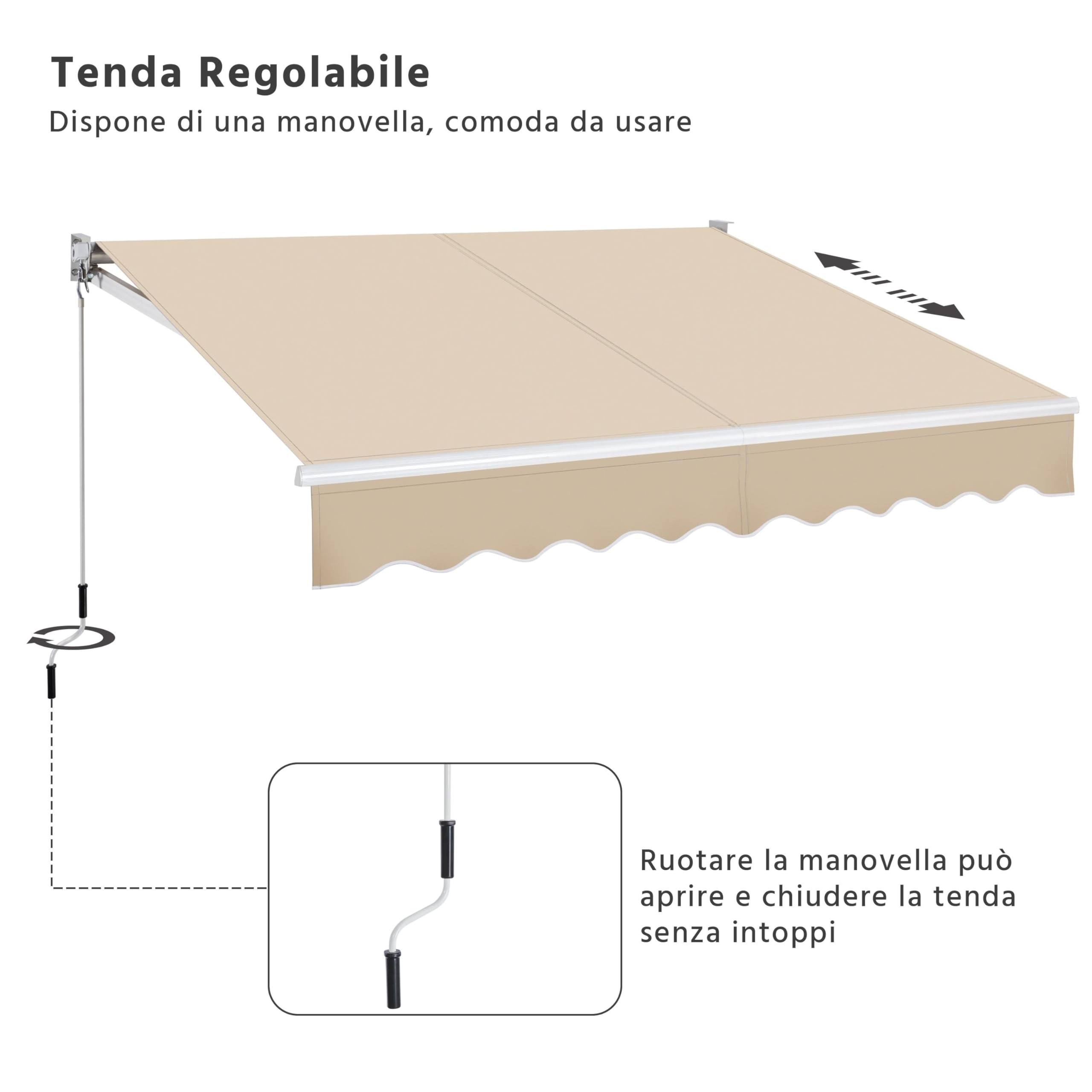 Tenda da Sole per Esterno Balcone a Bracci Estensibili Avvolgibile Retrattile con Manovella Regolabile Telaio Aste Telescopiche 250 x 200 cm Beige