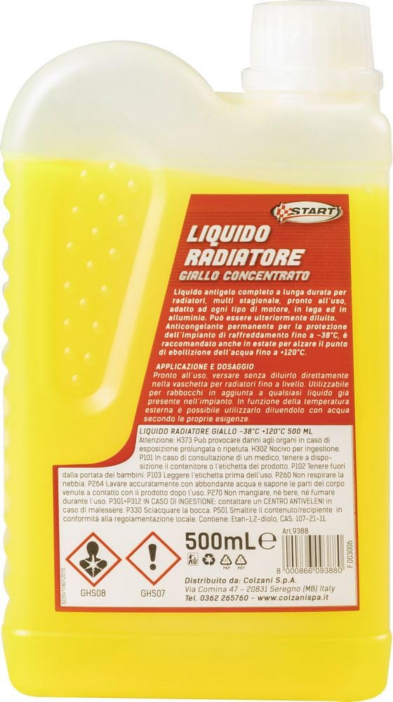 Start - Liquido Radiatore Giallo Anticongelante -38°C 500 ml – Protezione Pronta all’Uso per Impianti di Raffreddamento Auto, Moto, Veicoli Commerciali e Agricoli