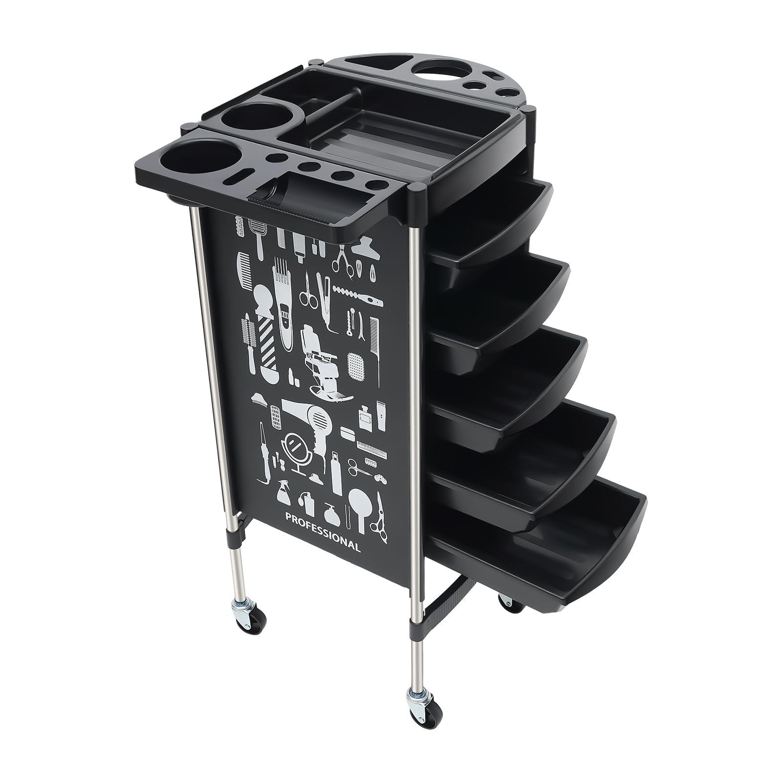 Friseurwagen, Bedienungswagen mit 4 Schubladen und Rollen, Friseur Arbeitswagen Drehbar, Rollwagen Stapelboy, Beauty Salon Trolley, Friseur Zubehör, 36 x 55 x 90 cm, Schwarz