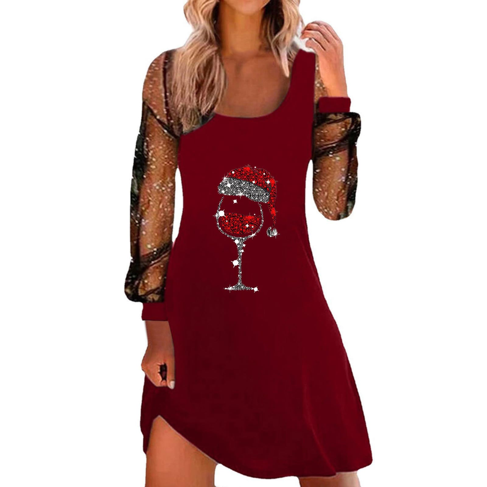Women Christmas Dresses UK Sexy Spaghetti Strap Tank Dress with Mesh Long Sleeve Santa Xmas Dresses Plus Size Women's Soft Santa Costume for Chirstmas Party Prom