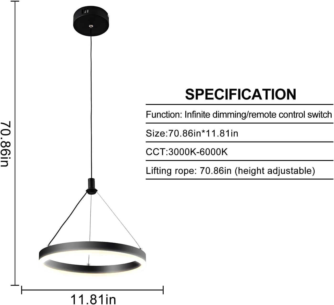 Diagram showing dimensions and adjustable height of the Viruhaka LED Chandelier
