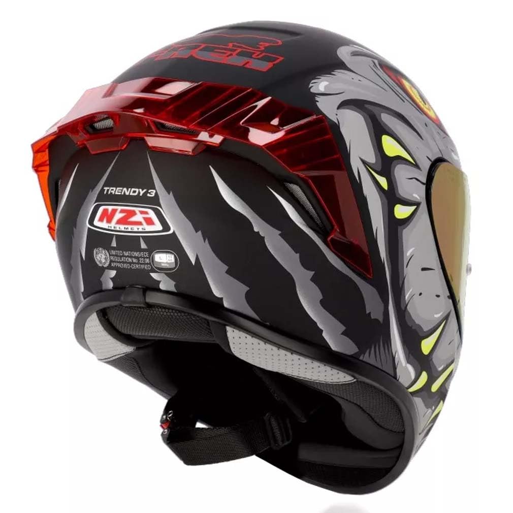 NZI Trendy 3 Stream Raptor Grey Red Mate - Casco de Moto Integral con Pantalla Oscura + Transparente + Spoiler ECE 22.06 - Unisex Hombre y Mujer (S)