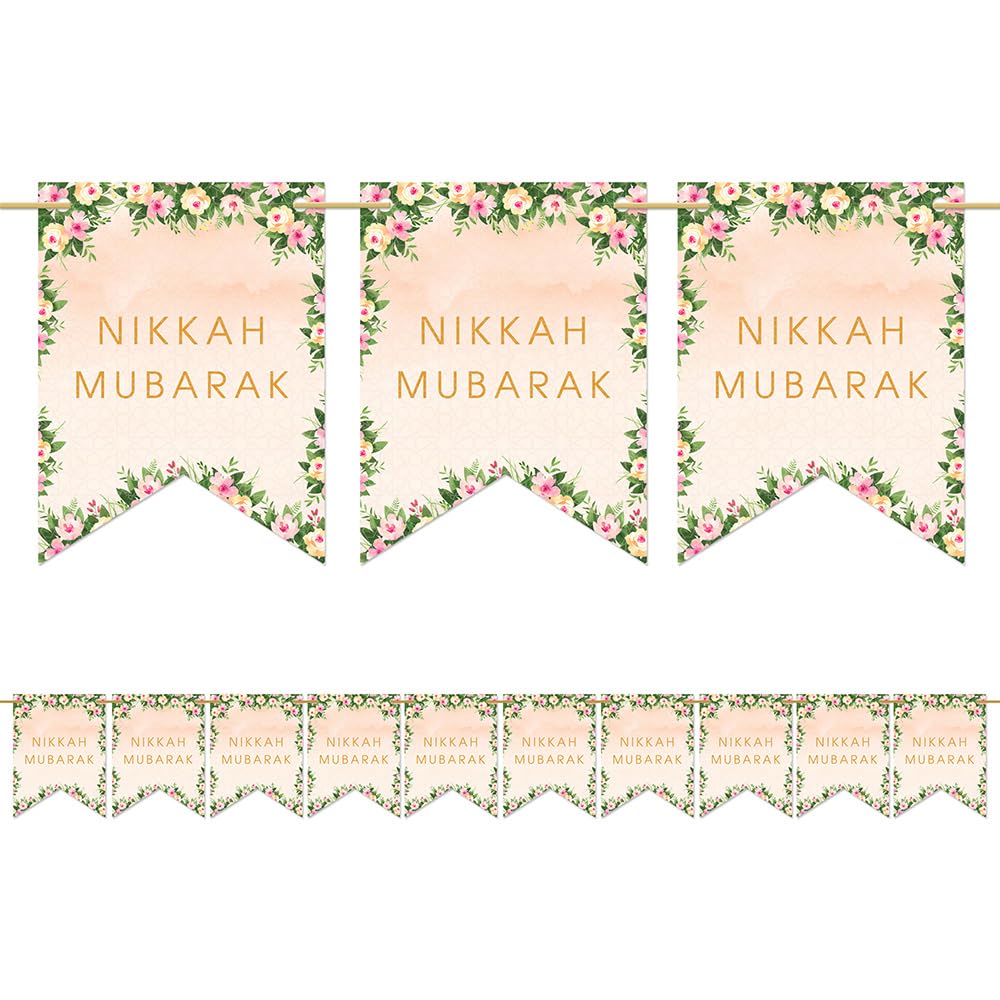 Islamic Moments Nikkah Mubarak Pennant Bunting - Peach Floral - 10 Flag Garland - Double Sided - Card Material - 3 Metres - Reusable