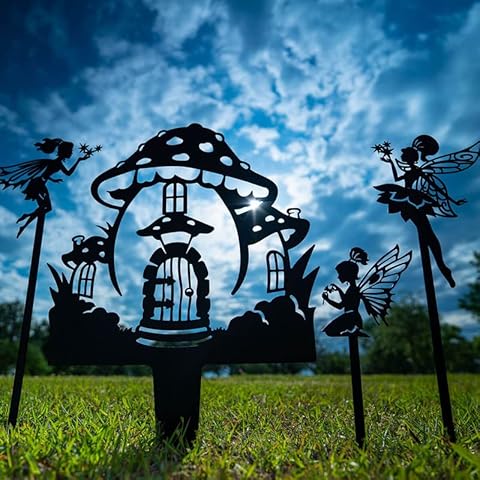 RealSteel Fairy Garden Starter Set - 4 Metal Fairy Garden Stakes with Fairies & Mushroom House - Outdoor Yard Art Decor (Black) Cover