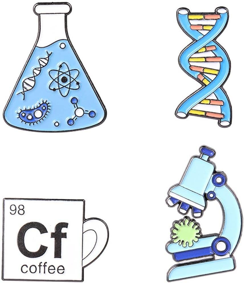 Science Enamel Pin Microscope Beaker Chemical Molecule dna Biology Experiment Tool Metal Brooch Badge Set of 4