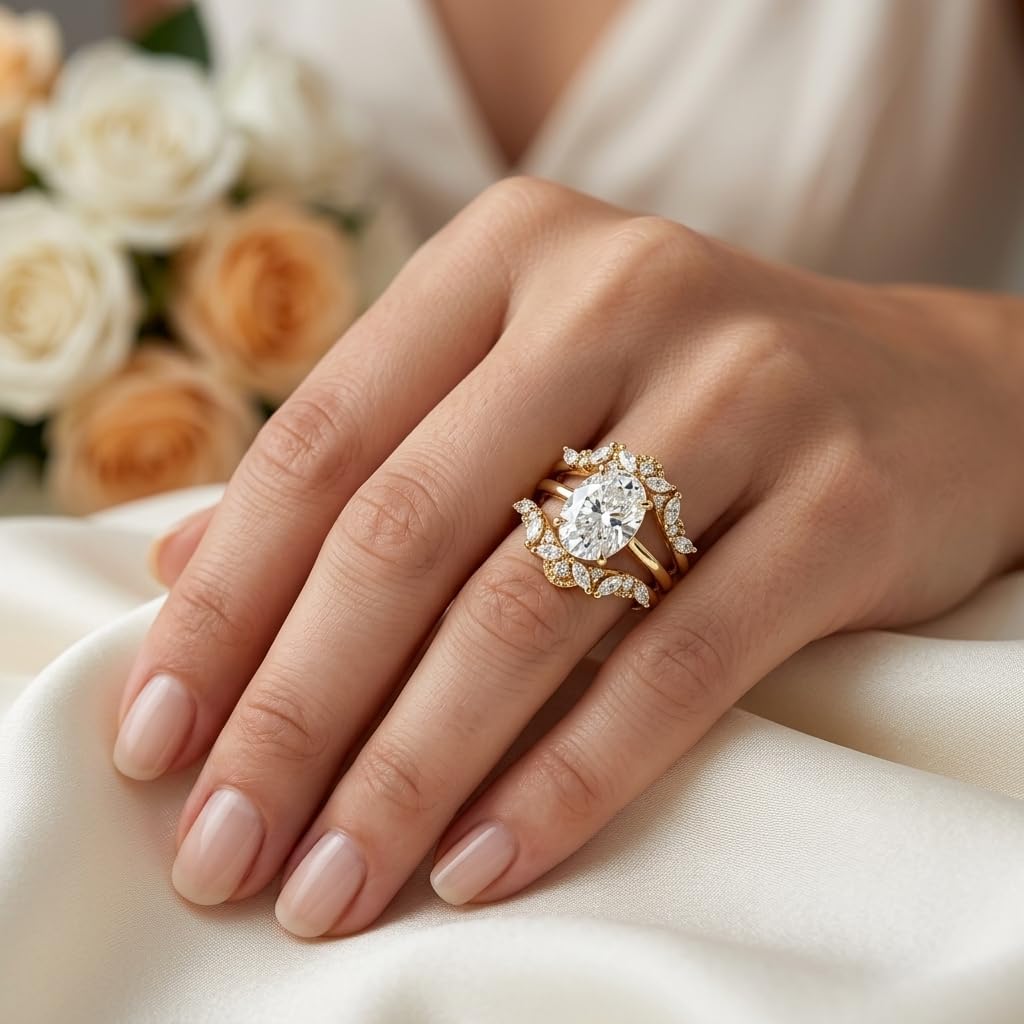 Moissanite Ring Enhancer Guard for Engagement Ring, 10K 14K 18K Gold 0.3Ctw Marquise Moissanite Crown Matching Wedding Bands Wrap for Women, Size 3.5-18