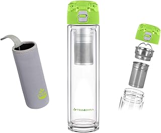 Teeflasche mit Sieb to go, Trinkflasche aus Glas, doppelwandig, Neopren-Hülle, grün