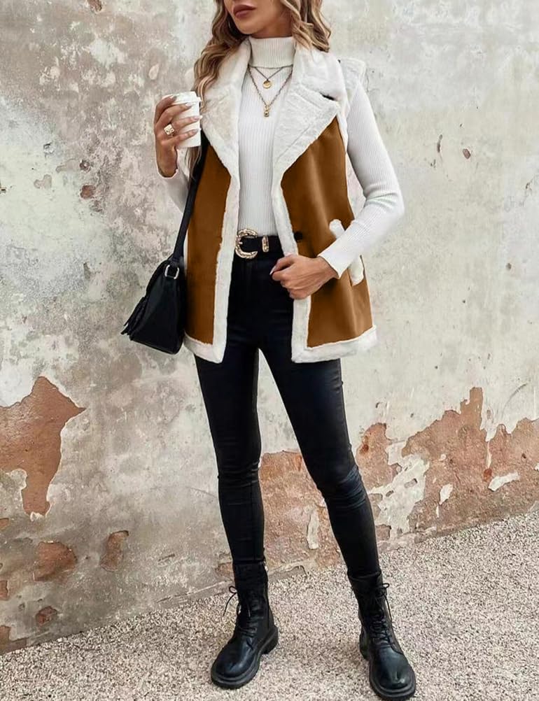 Mywinway Sherpa Vest Womens Fall Winter Faux Fur Suede Leather Vest Jacket Sleeveless Lambswool Fur Warm Coat - Image 5