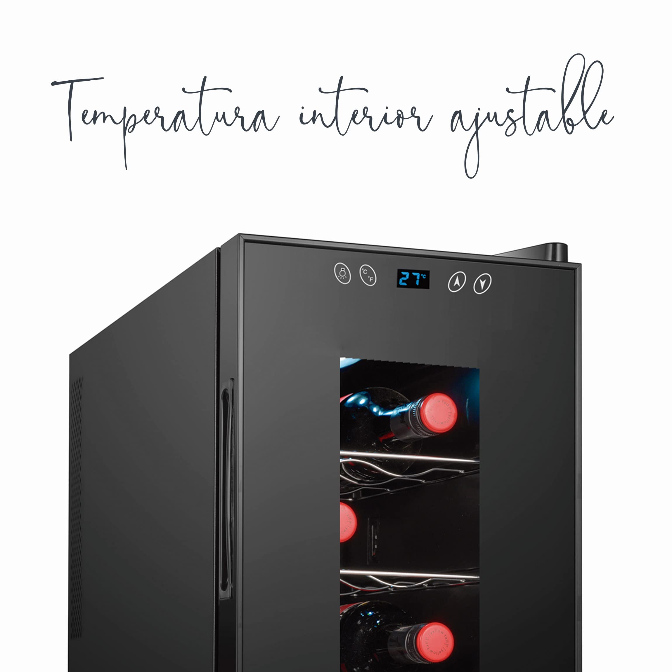 Lacor - 69670 - Vinoteca 8 Botellas, Nevera Vinos, Refrigerador Termoeléctrico, Temperatura Regulable, Estantes Extraíbles, Silencioso, Sistema Antivibratorio, Acero Inoxidable, 26x49,5x48 cm