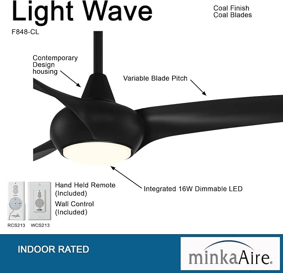 MINKA-AIRE F848-CL Light Wave 65 Ceiling Fan, Black Finish with Remote and Additional Wall Control