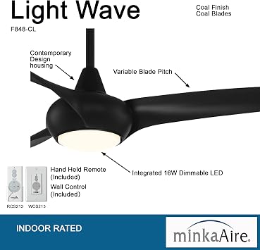 MINKA-AIRE F848-CL Light Wave 65 Ceiling Fan, Black Finish with Remote and Additional Wall Control