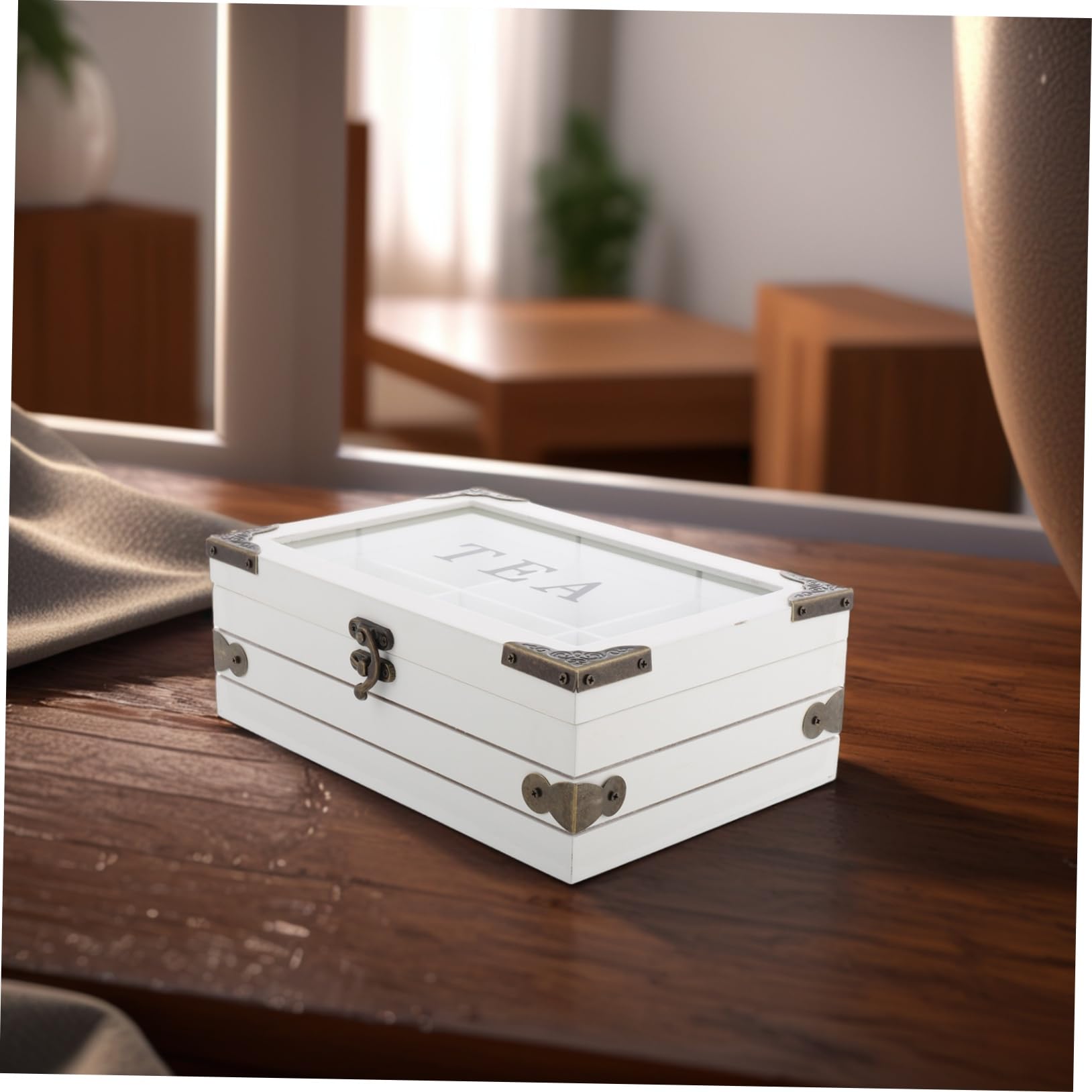 Scatola Portabustine da Tè in Legno Vintage con Coperchio, 6 Scomparti, Bianca, per Tenere le Bustine Asciutte e Fresche in Cucina