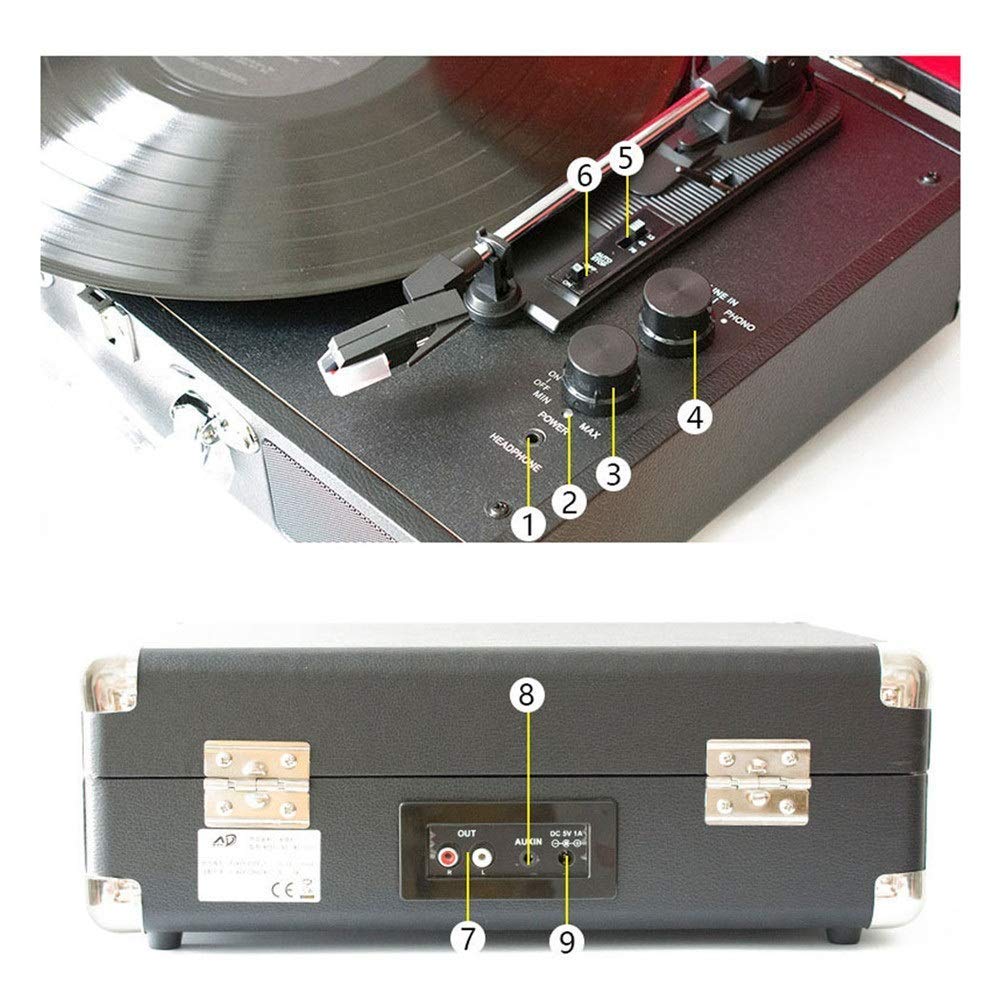 Tocadiscos portátil con altavoces integrados y ajustes de 3 velocidades para reproducción de discos de vinilo