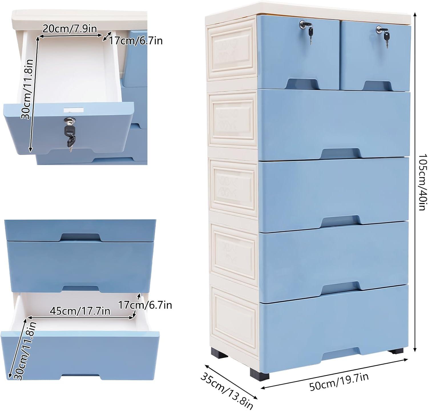 Locking Plastic Dresser Organiser with Drawers, Plastic Dresser with 6 Drawers on 4 Wheels for Bedroom, Tall Wardrobe Drawer Organiser