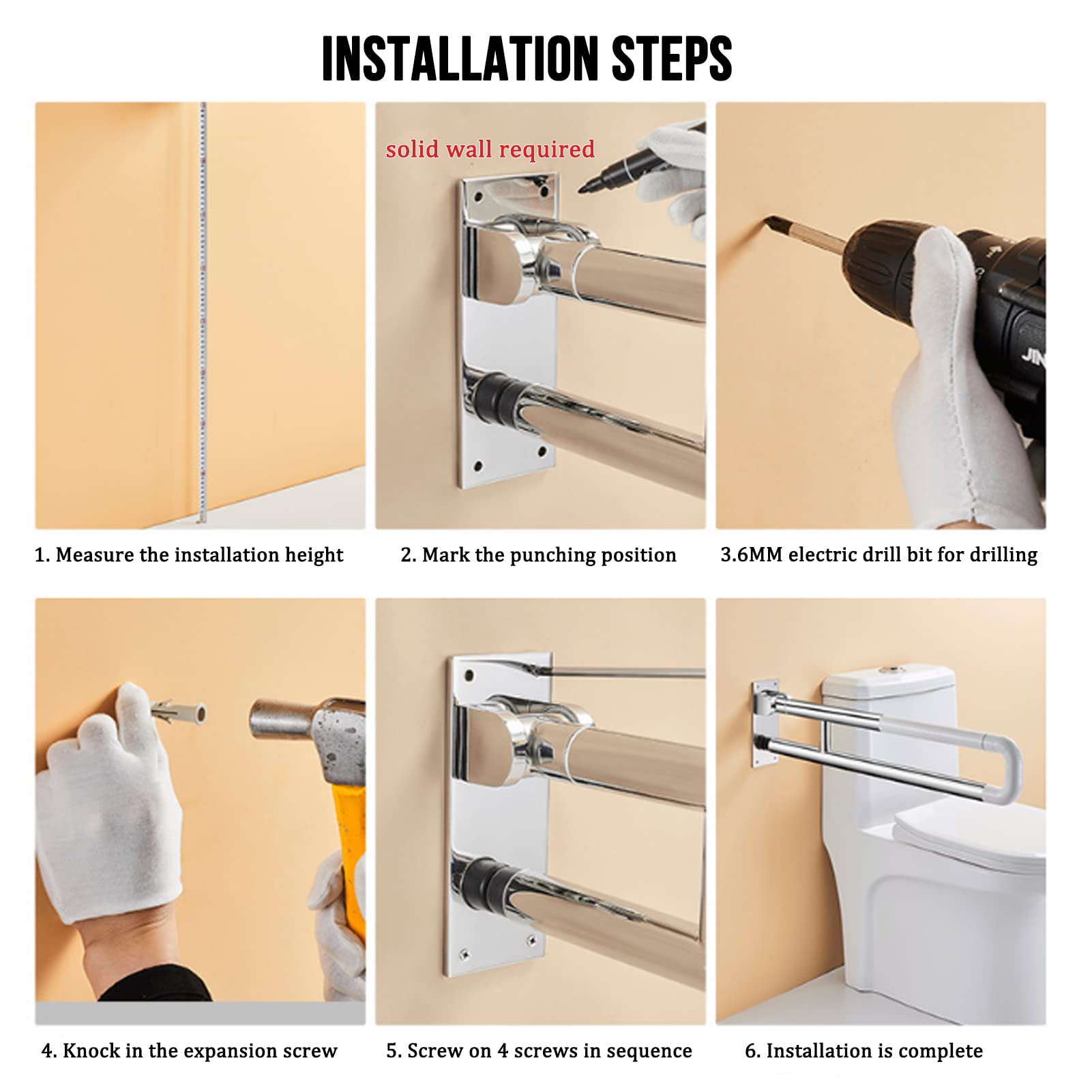 Barras de Seguridad abatibles para baño, Montaje en Pared, para Personas con discapacidad, Soporte para Inodoro, Ayuda para Personas Mayores (Blanco, 60 cm)