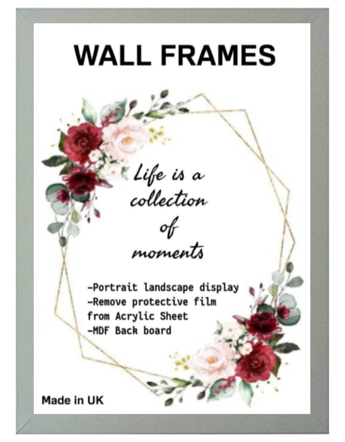 Home Plus Dealz Silver Wall Photo Frame 45 x 35 cm For Display Poster Print Picture With HD Clear Aclyric Front 30x15mm Moulding Metal Hooks MDF Wood