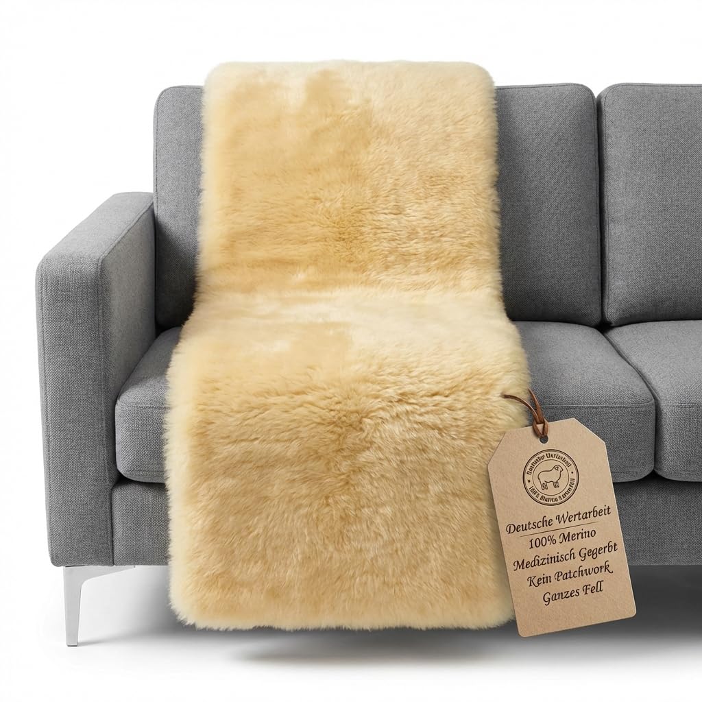 50x150cm Sesselauflage Lammfell - Weich, warm & atmungsaktiv | echtes Premium Schaffell, medizinisch gegerbt & chromfrei | Ideal für Senioren, Sessel, Bett oder Rollstuhl.
