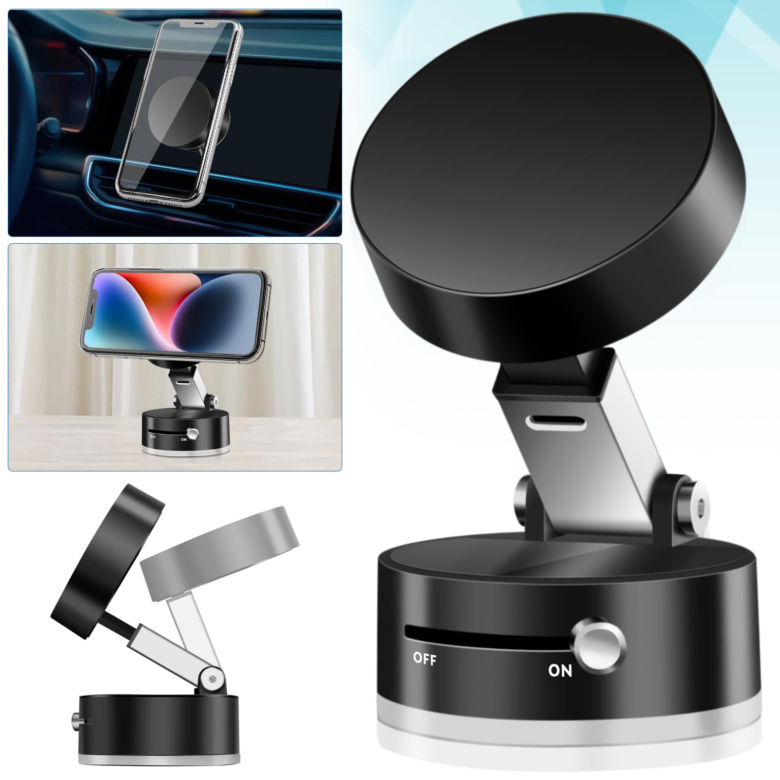 Vacuum Suction Magnetic Phone Mount,Double Sided Magnetic Suction Cup Phone Mount for Car/Mirror/Smooth Surface Foldable and Retractable Universal Magnetic Cell Phone Holder for All Phones Black