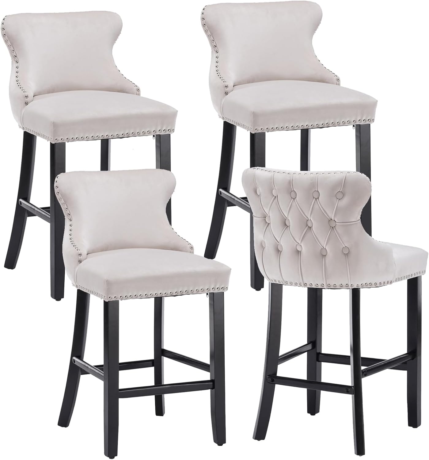 mikibama Velvet Wingback Bar Stools Set of 2, Upholstered Button Tufted Counter Height Bar Stool Chairs with Solid Wood Legs Kitchen Island Padded Barstools with Nailhead Trim (New Blue)
