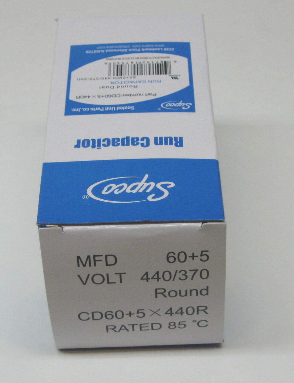 SUPCO CD60+5X440R Dual Motor Run Capacitor, Round, 60 + 5 Mfd x 440V, 2.1875" Diameter, 5.125" Height
