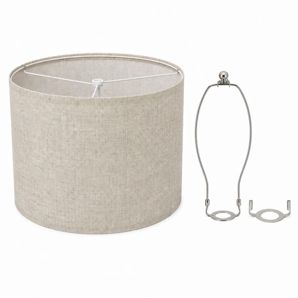 Oatmeal color lampshade, 13 × 13× 10 inch medium drum-shaped lampshade, handcrafted from natural linen, suitable for table lamps, floor lamps, ceiling lamps and wall lamps, easy to install — image 1
