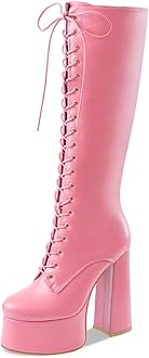 Women's High Chunky Heel Platform Knee High Boots Fashion Leather Lace Up Heeled Long Boots Wide Calf