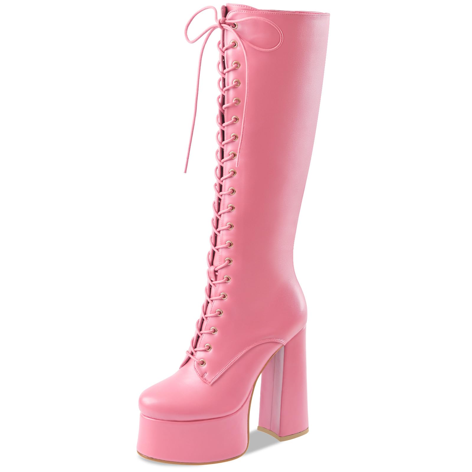 Women's High Chunky Heel Platform Knee High Boots Fashion Leather Lace Up Heeled Long Boots Wide Calf