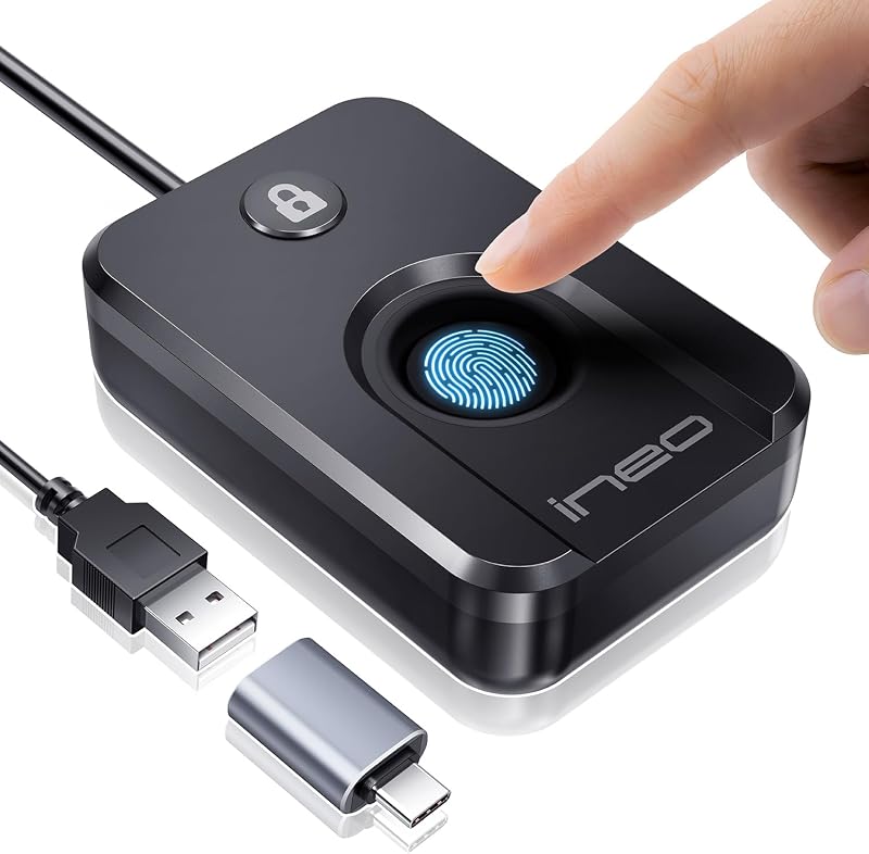 ineo USB Fingerprint Reader for Windows 10/11, Windows Hello, One-Touch Login & Screen Lock, Plug & Play, Password-Free, 5ft Cable [Not for Mac]