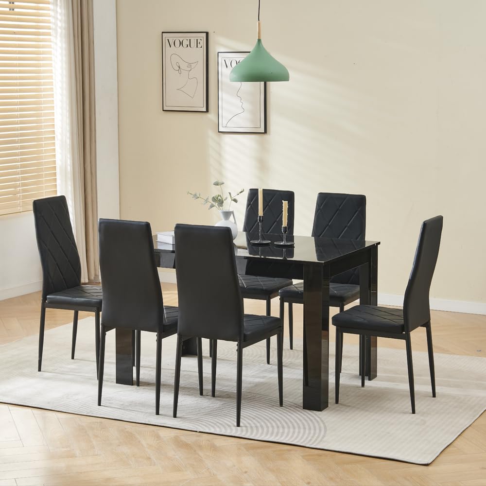Menaka Black Wood Dining Table and Chairs Set of 6, Small Rectangular Kitchen Dinner Table with 6 Seaters (Argyle Grid Black Leather Chairs, 120m high gloss black table, 6 seaters)