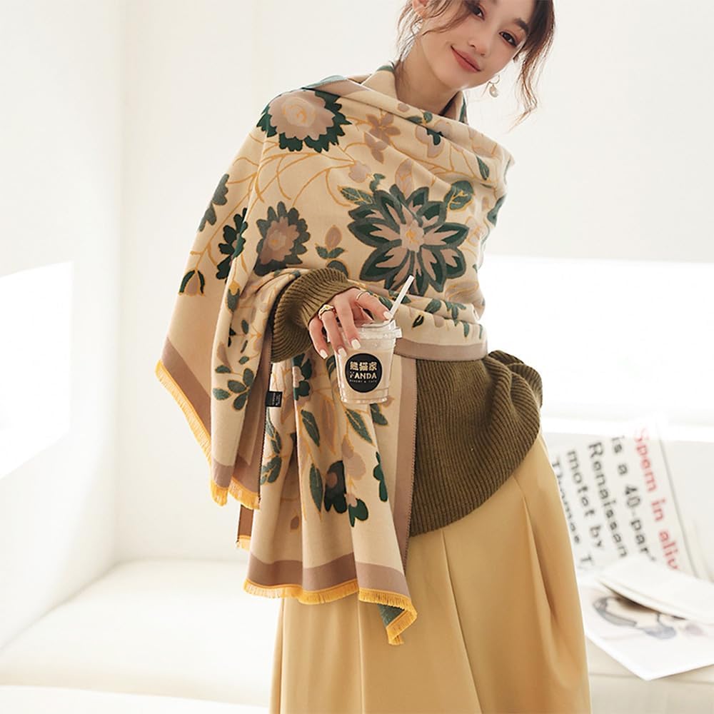 First Choose Women's Blanket Chunky, Pashmina Shawls Wraps Oversized Winter & Fall Warm Scarfs Soft Cashmere Feel for Women (Beige-Dark Green) - Image 7