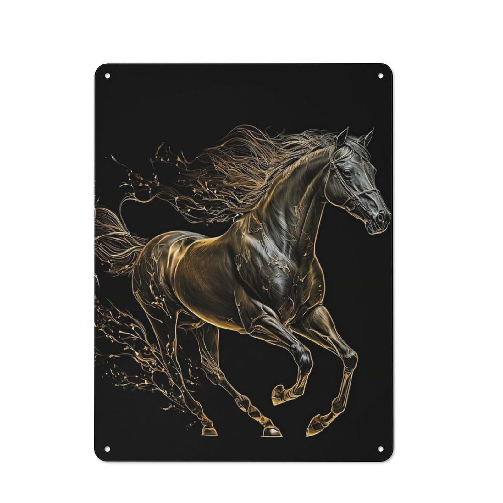 Metal Plaque with Majestic Golden Steed Design 40x30cm, Cosy Diner Style Decor for Coffee Bar, Kitchen, Bistro Or Tea Corner