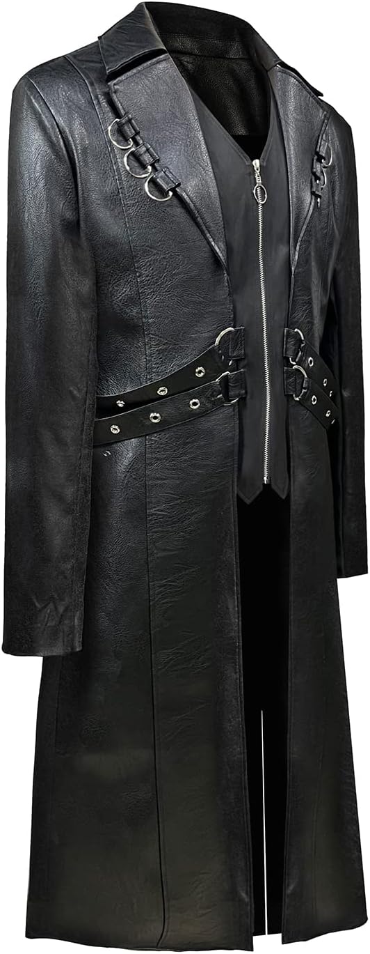 TZMAPU Men's Faux Leather Motorcycle Trench Coat Black Long Punk Jacket - Image 3