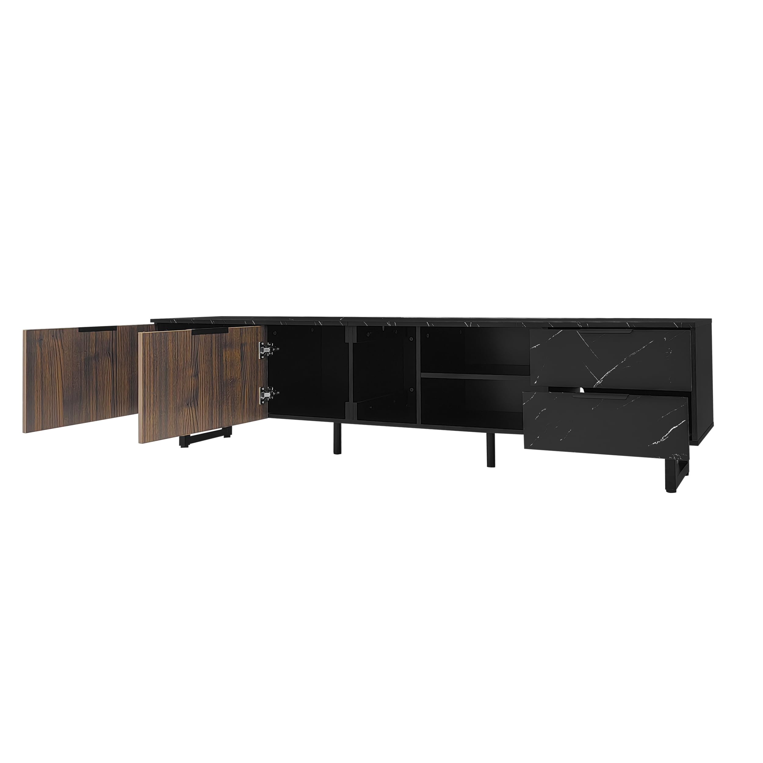 Mueble para TV con aspecto de mármol negro, puertas de vetas de madera oscura, iluminación LED ajustable, dos puertas y dos cajones, 200 x 50 x 38 cm