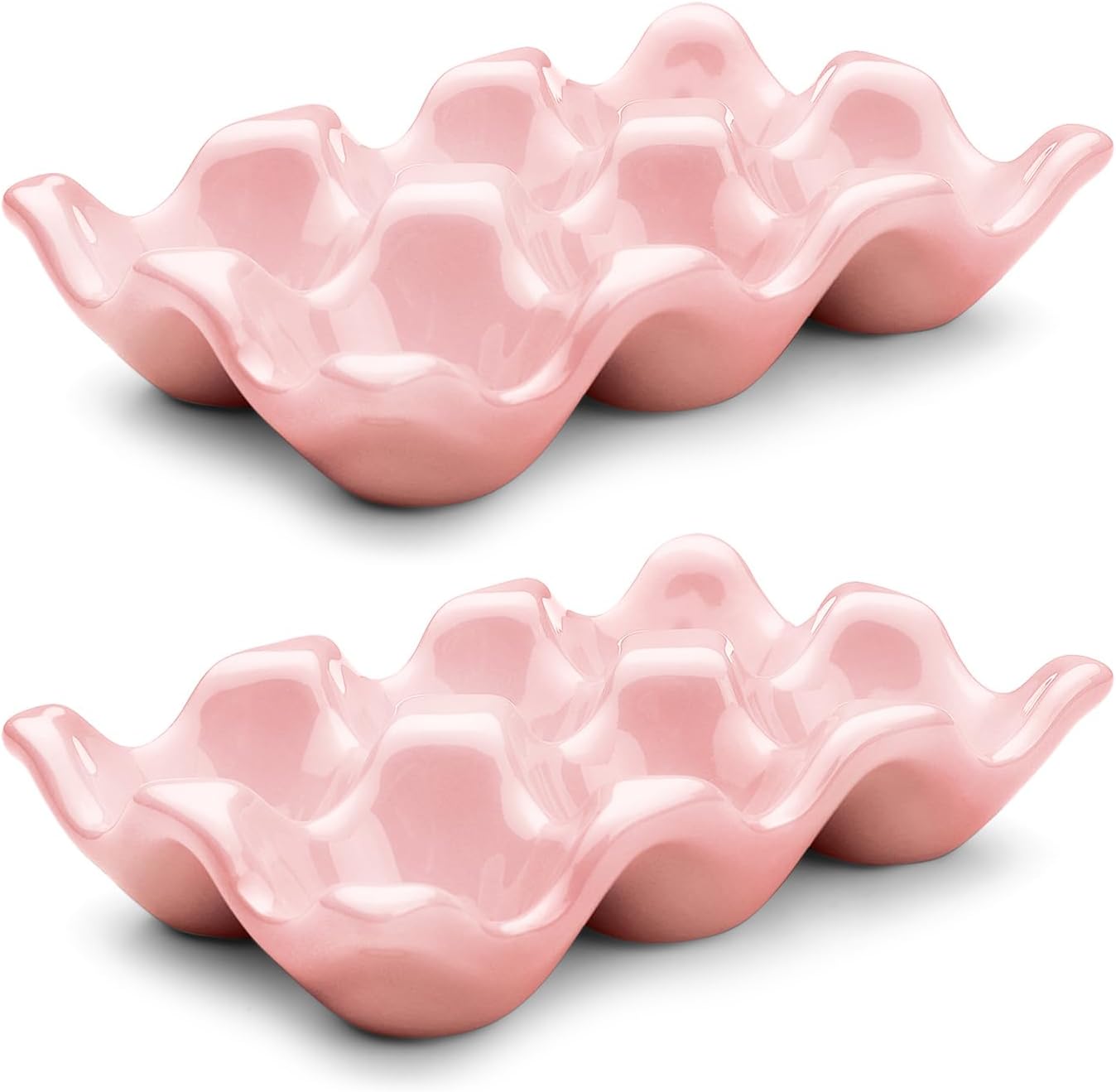 Flexzion Porcelain Egg Crate - 6-Egg Capacity Ceramic Egg Tray, Half Dozen Egg Holder for Fridge, Countertop Display - Pink Decorative Serving Dish and Storage Organizer, 2 Pack