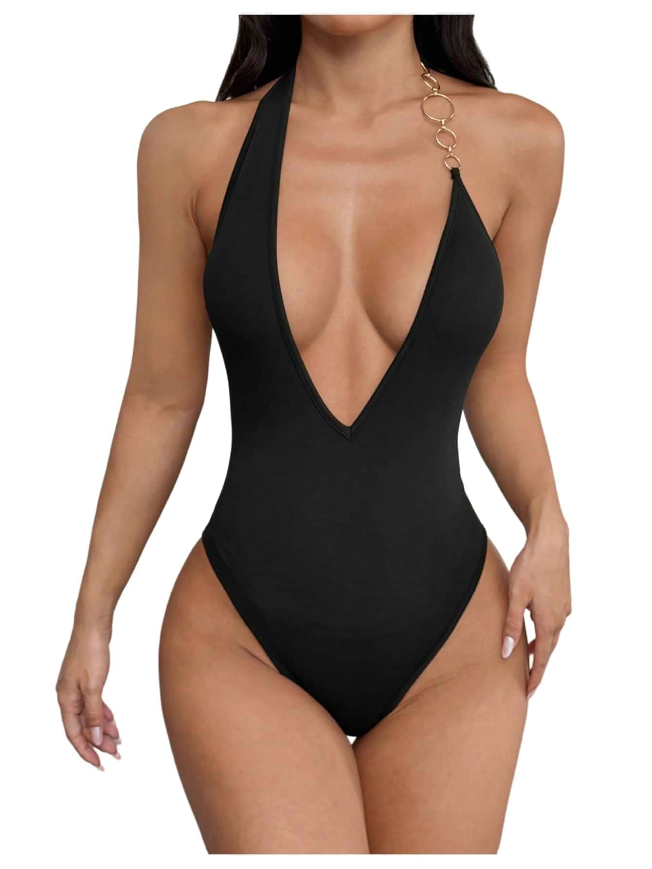 SOLY HUX Women's Deep V Neck Halter Sexy Backless Bodysuit | Sleeveless, Going Out Tops Party Clubwear，Sexy