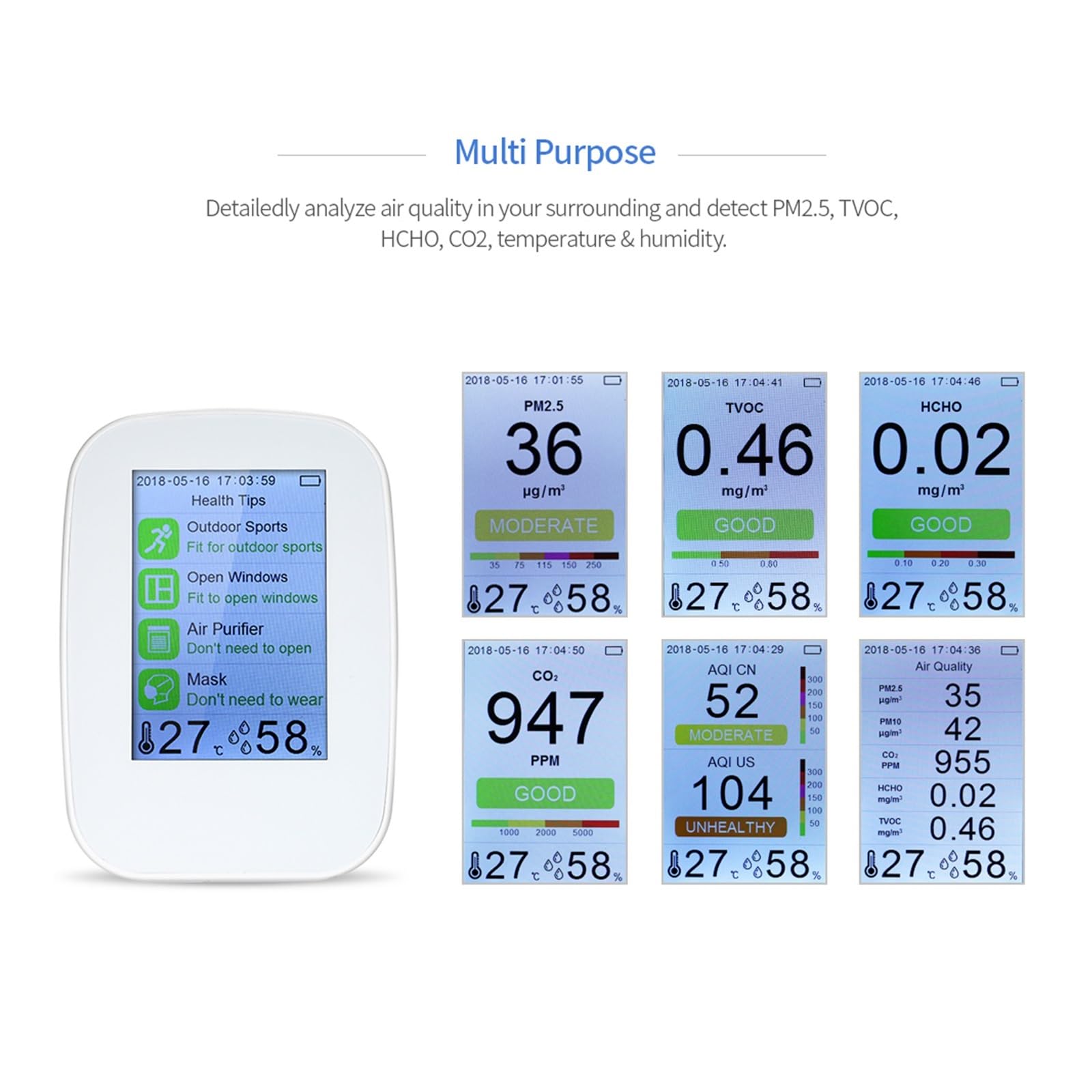 Monitor de calidad del aire Detector de calidad del aire Digital interior/exterior PM2.5 Monitor de gas TVOC Tester Analizadores de aire Batería de larga duración