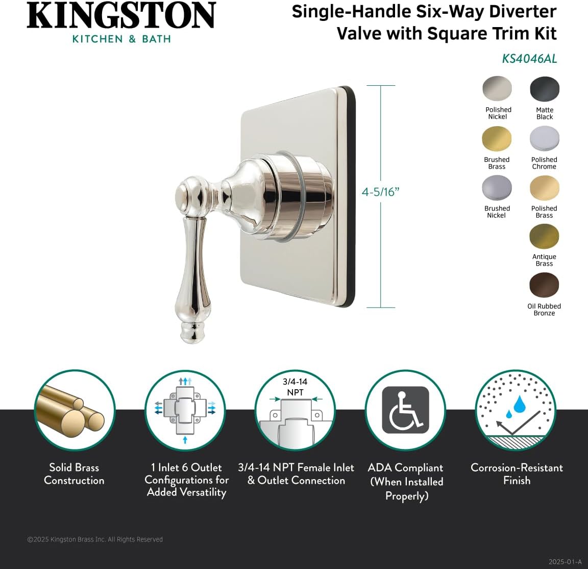 Kingston Brass KS4042AL Restoration Single-Handle Six-Way Diverter Valve with Trim Kit, Polished Brass