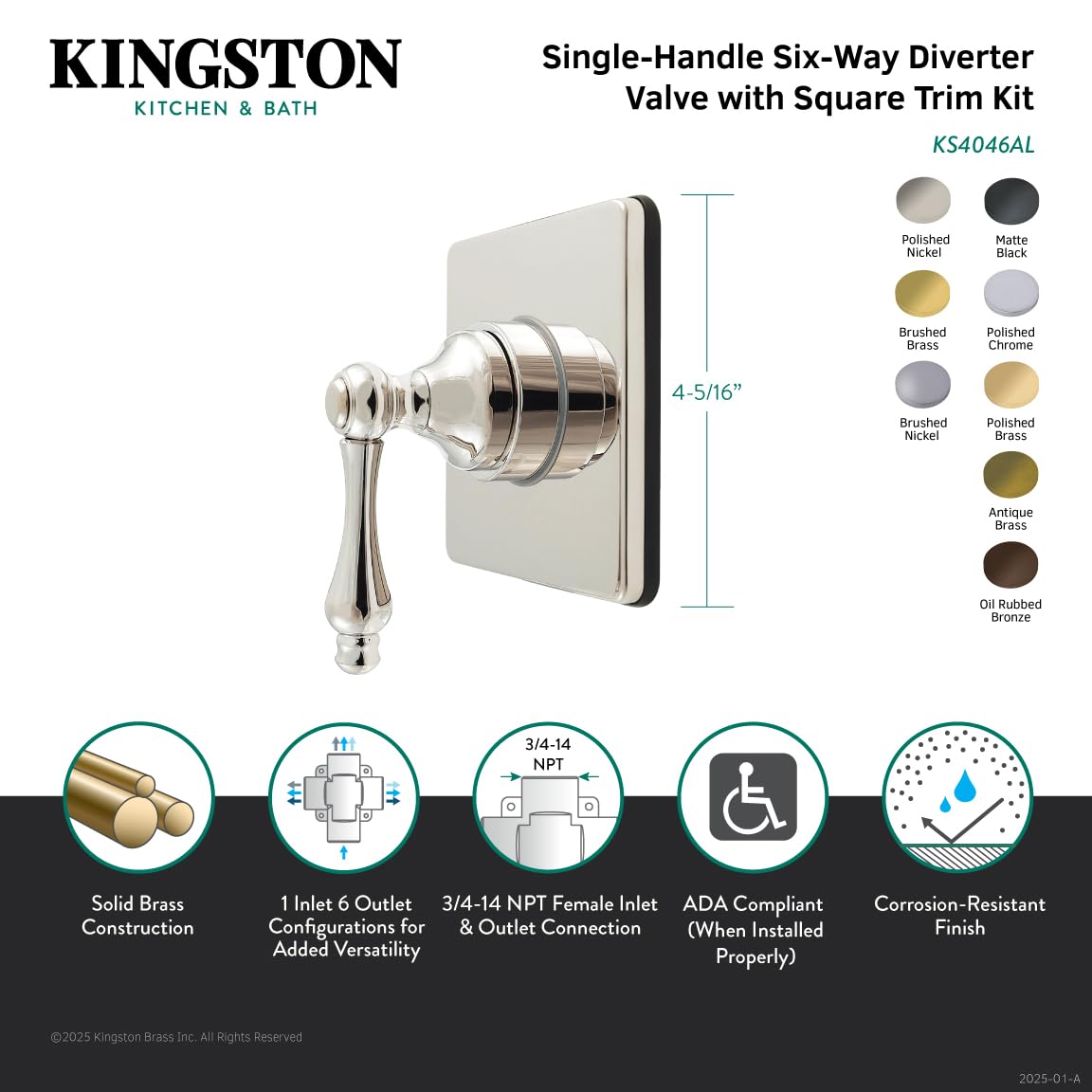Kingston Brass KS4048AL - Válvula desviadora de seis vías de restauración de un solo mango con kit de molduras, níquel cepillado