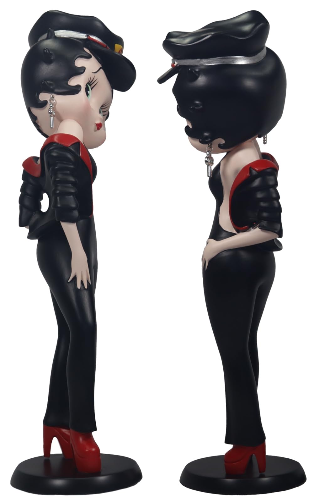 Middle-England Betty Boop Biker-Mädchen mit schwarzer Jacke mit rotem Rand, roten Stiefeln und Hut, handbemalte Polystein-Statue, dekoratives Ausstellungsstück