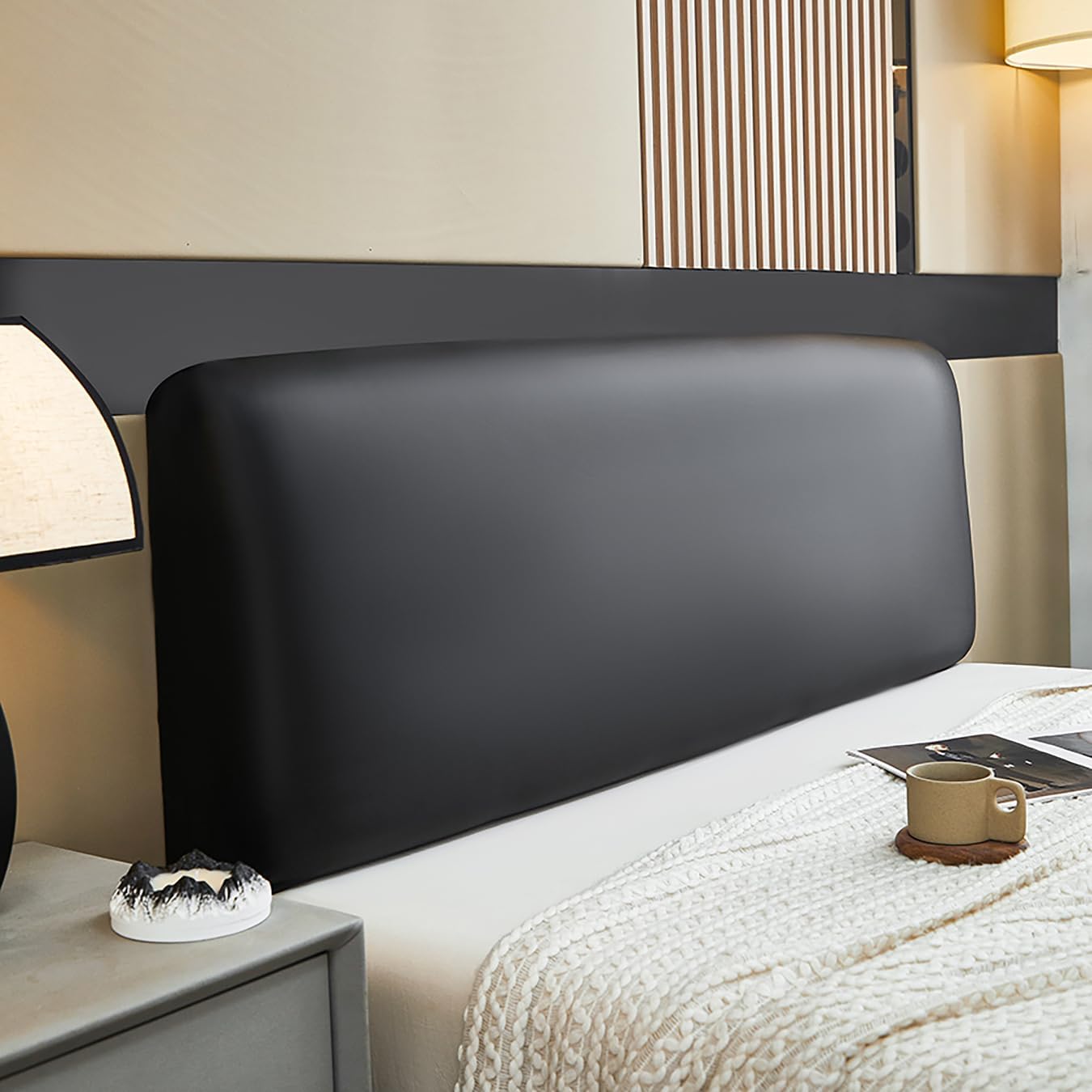 JOKIVTOU Stretch Bed Headboard Cover PU Leather, Waterproof Protective Universal Dustproof Soft Bed Head Cover Slipcover, No Need Wash, Wipeable, Bedroom Decor (Black,King)