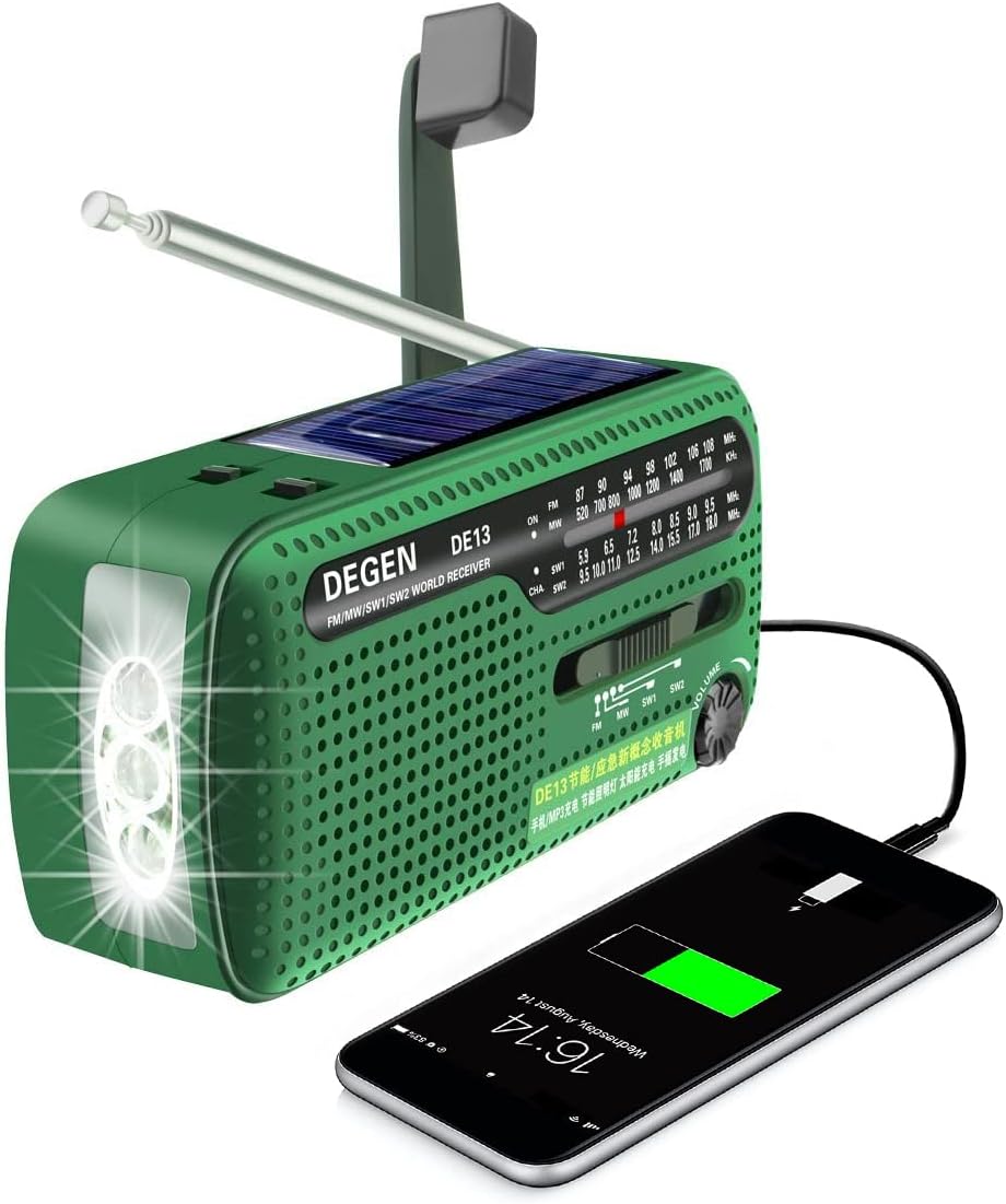AZDeal Portable Emergency Solar Crank AM/FM/Radio with LED Flashlight Cell Phone Charger Green (DE-13)