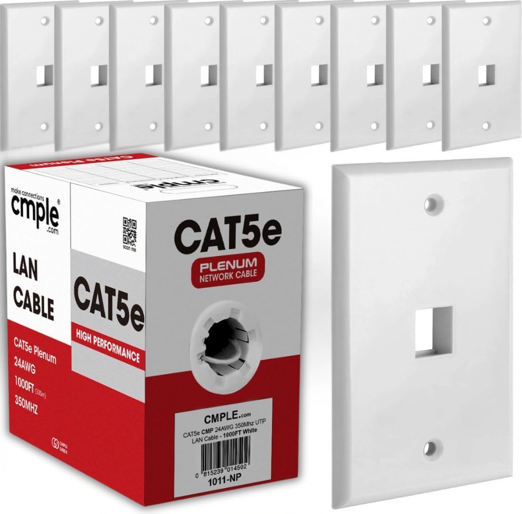 Cmple - Cat5e Plenum Cable 1000ft White 350MHz, Perfect for Home and Office + 1 Port Keystone Wall Plate 1 Gang Standard Ethernet Wall Plate Compatible with HDMI Keystone - White Bundle
