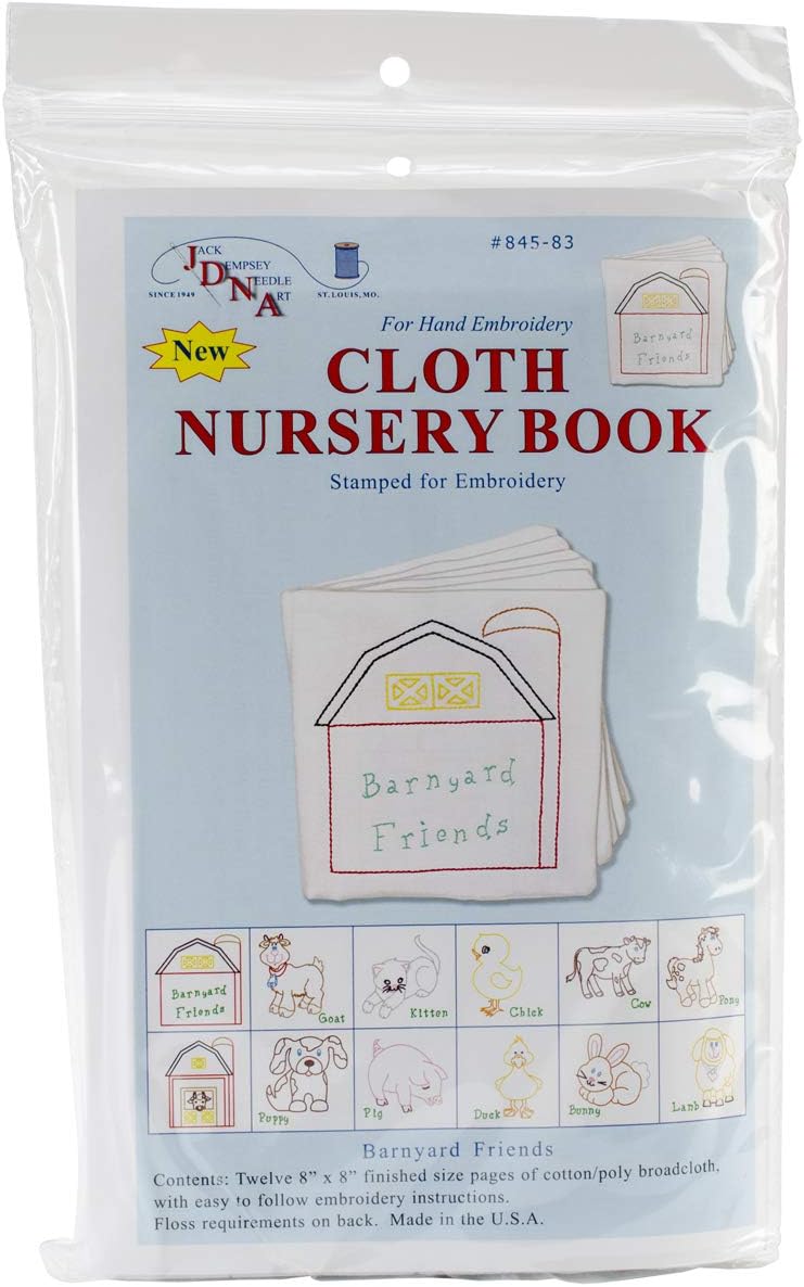 Jack Dempsey Stamped Cloth Nursery Books, 8-Inch by 8-Inch, 12 Pages, Barnyard Friends