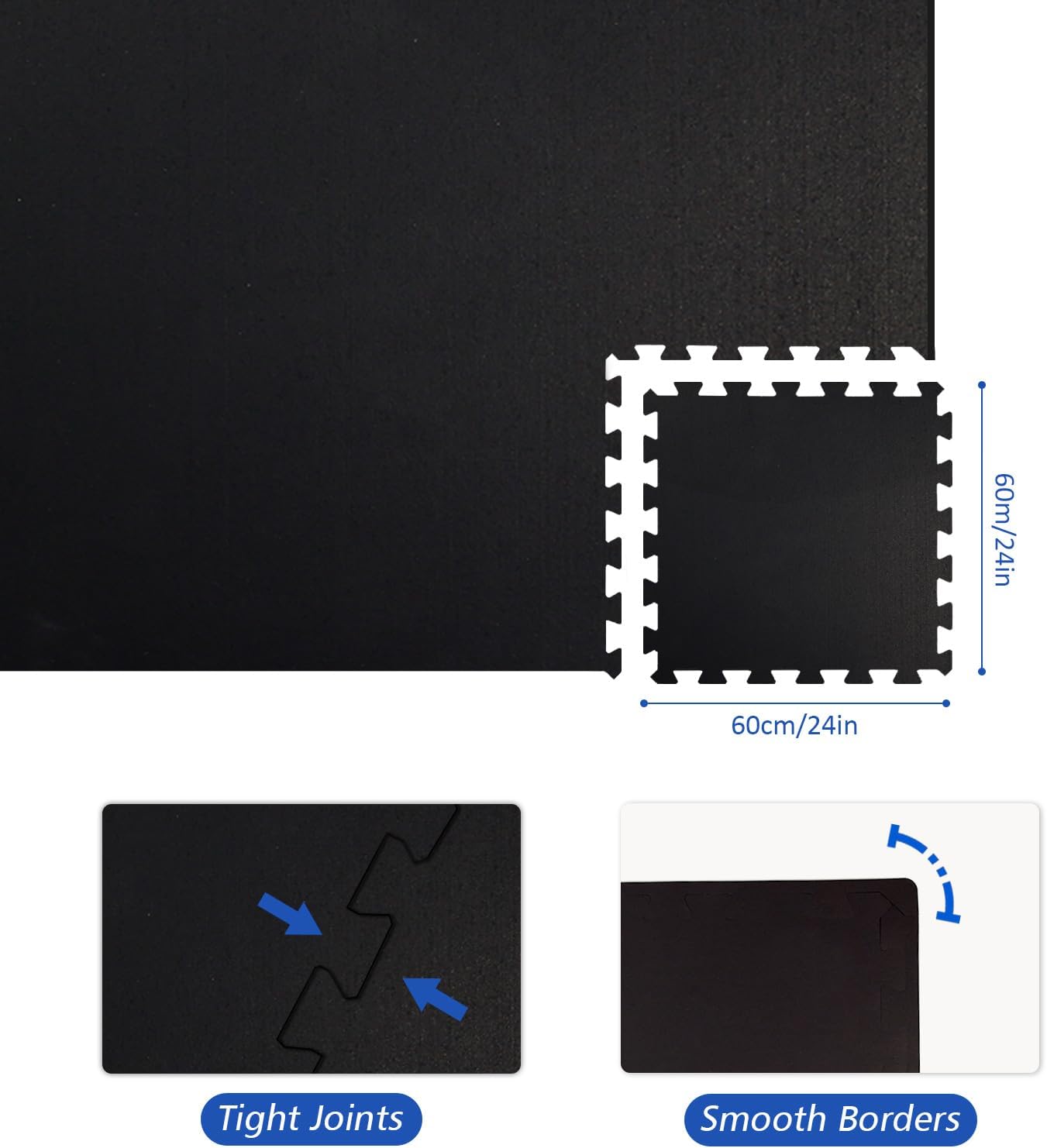 Rubber Gym Mats 1/4 Inch (6MM), 8 Tiles 24"x24" (32 sq ft) High-Density Pure Rubber Interlocking (No EVA), Shock Absorbing Anti-Vibration for Home Gym Treadmill Washer – Black