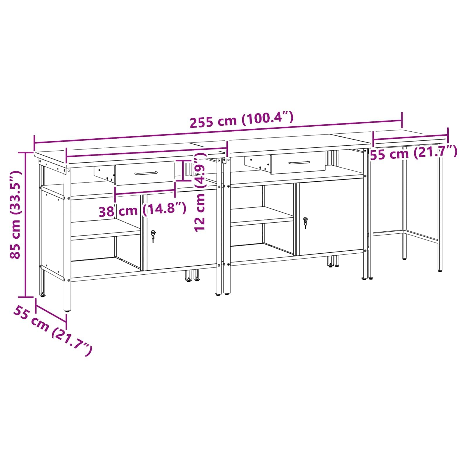 Set da banco da lavoro con scaffale, 3 pezzi, in acciaio verniciato a polvere, per officina, garage, robusto posto di lavoro con ripiani in metallo e stile industriale, struttura in acciaio