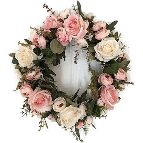 HAUSPROFI 33cm Künstliche Türkranz Deko, Kunstblumen Kranz Dekorative Wandkranz für Frühling Sommer Alle Jahreszeiten, Haustür Hochzeitsdeko Festival Dekor - Rosa Cover