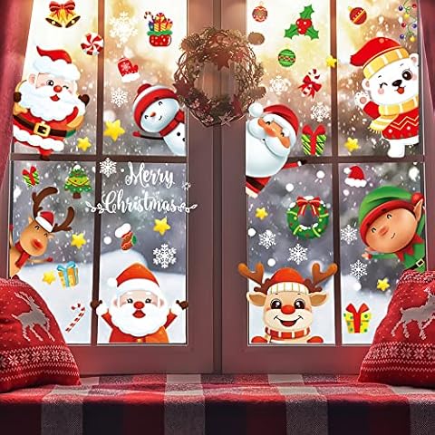 WACCET Christmas Window Stickers 120PCS Christmas Window Decorations Xmas Window Stickers Santa Snowman Snowflake Reindeer PVC Reusable Window Stickers Christmas Window Decor for Xmas Decorations Cover