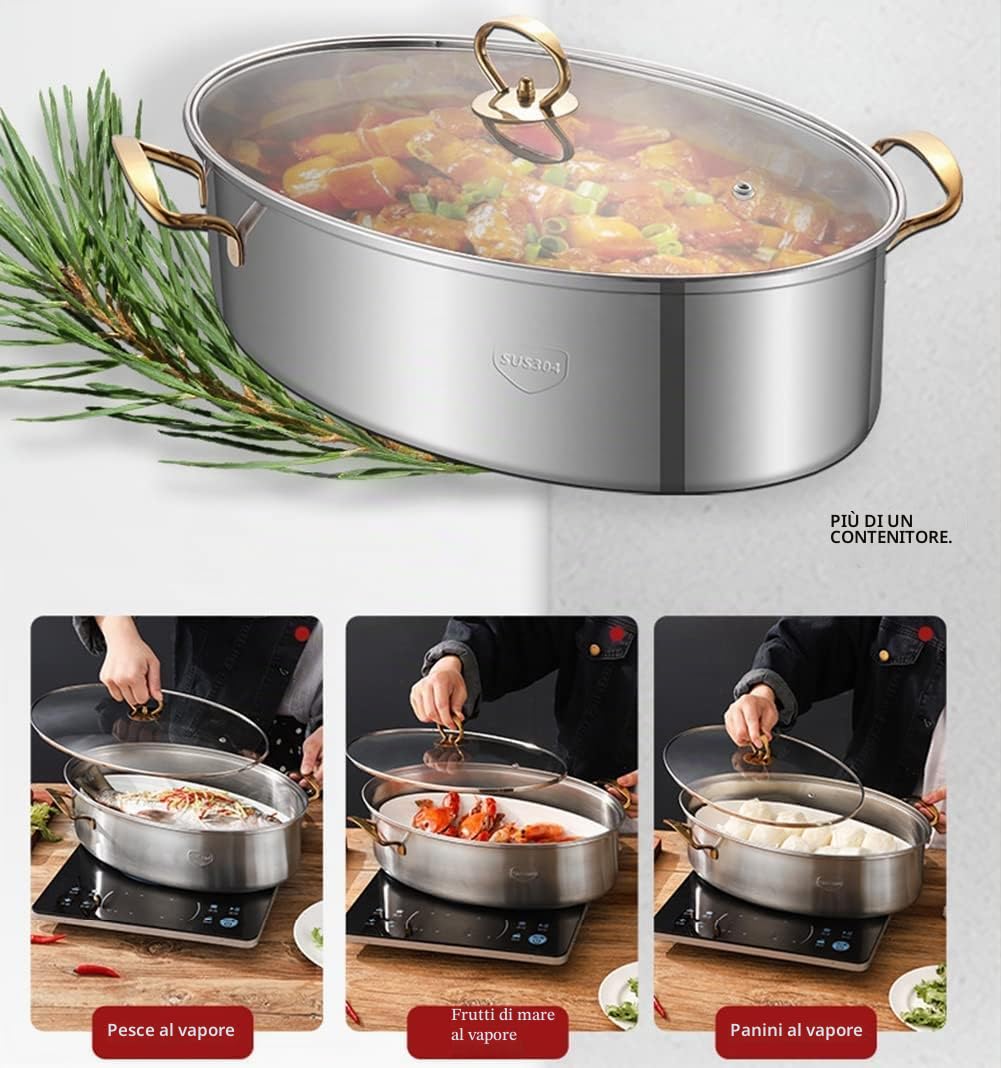 Pentola per Pesce al Vapore 8Qt Set Vaporiera Ovale per Pesce in Acciaio Inossidabile 304 con Griglia, Padella in Ceramica, Mandrino, Pentola per Pesce al Vapore, Zuppa Bollente, 2 Colori,Argento